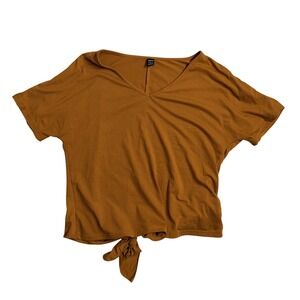 SHEIN Mustard Yellow V Neck Short Sleeve Tie Front T Shirt Women Medium